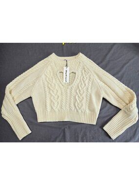 NEW Pretty Garbage S Cable Knit Cropped Sweater Cream Heart Keyhole